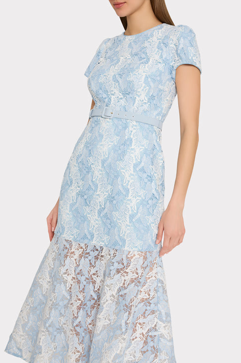 White Blue Butterfly Lace Midi Dress - Side View, Sheer Fluted Hem & Belted Waist Detail | MILLY