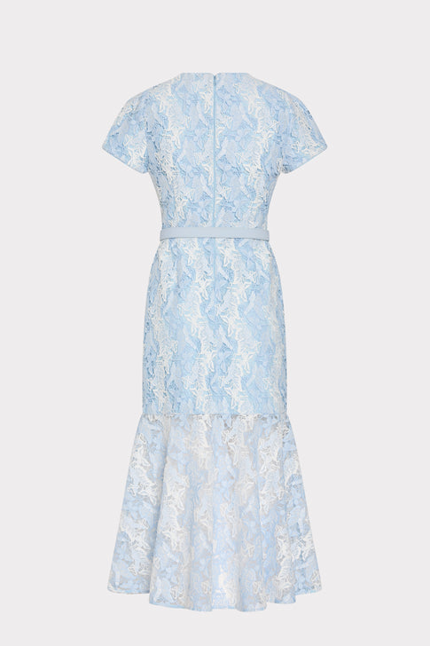 White Blue Butterfly Lace Midi Dress - Back View, Sheer Lace Hem & Center Back Zip | MILLY