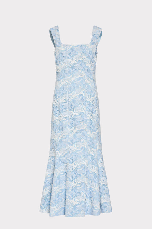 Blue White Butterfly Lace Midi Dress - Front Flat View | MILLY