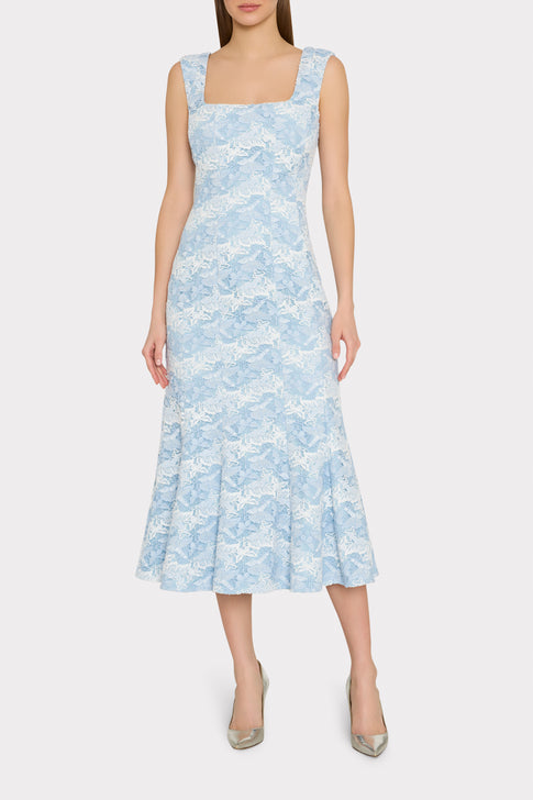 Elegant Blue Lace Midi Dress Square Neckline - On Model Front View | MILLY