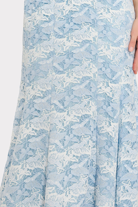 Designer Blue Butterfly Lace Midi Dress - Flounced Hem Close-Up Detail | MILLY