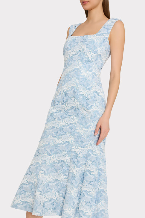 Blue White Butterfly Lace Midi Dress - On Model Side Angle View | MILLY