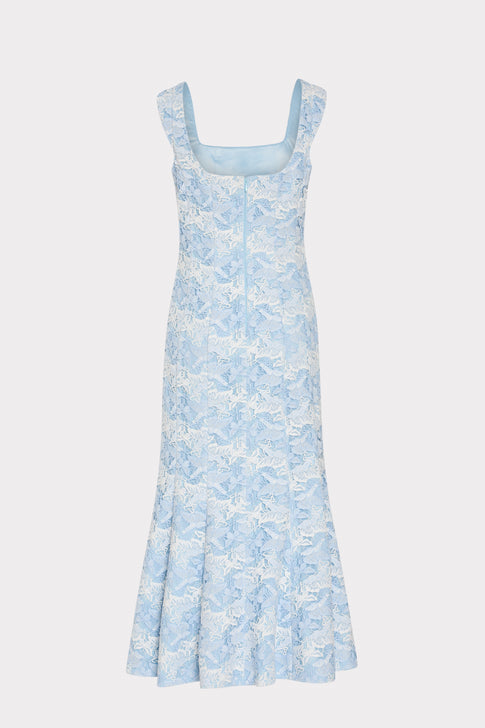 Blue White Lace Midi Dress Zip Back Detail - Rear Flat View | MILLY
