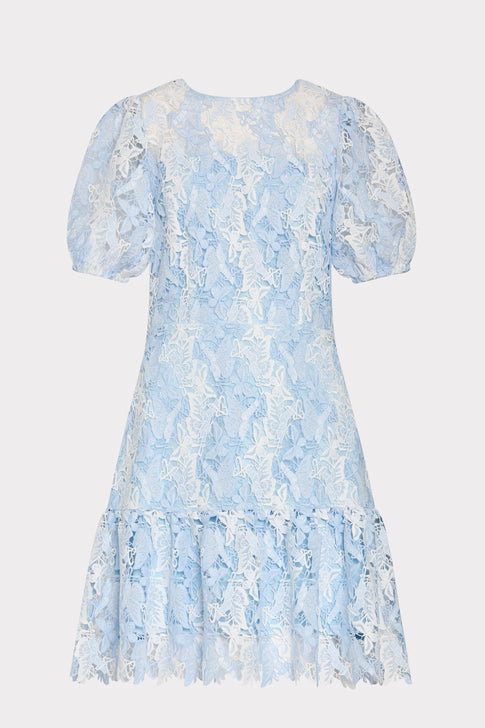 Blue White Floral Lace Mini Dress - Ghost Front View | MILLY
