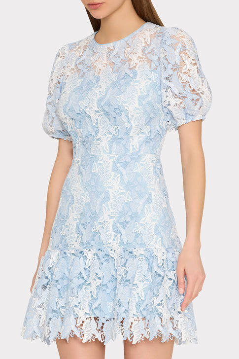Blue White Butterfly Lace Mini Dress - On Model Three-Quarter View | MILLY