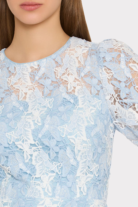 Blue White Designer Floral Lace Dress - Sheer Bodice Close-Up Detail | MILLY