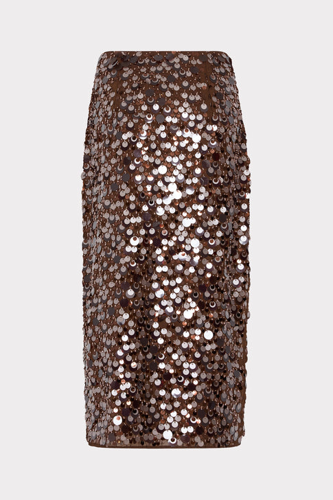 Brown Designer Paillette Midi Skirt - Back Flat View | MILLY