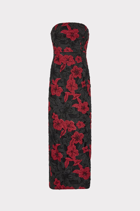 Black Red Floral Lace Strapless Maxi Dress - Front Flat View | MILLY