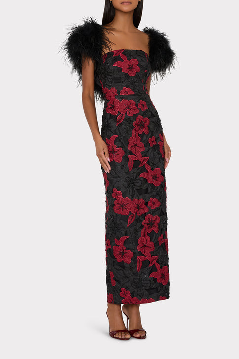 Black Red Floral Lace Maxi Dress with Feather Trim - On Model Side View | MILLY