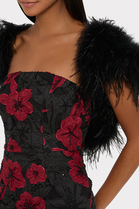 Black Red Floral Lace Bodice with Feather Trim - Close-Up Detail | MILLY