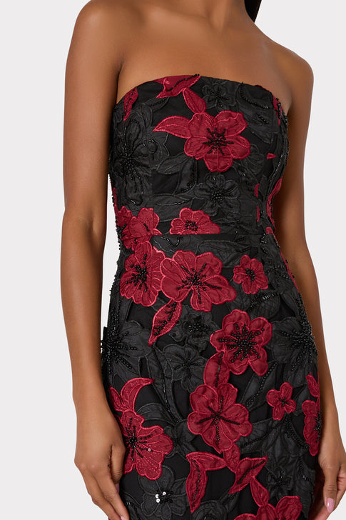 Black Red Embroidered Floral Lace Strapless Bodice - Close-Up Detail | MILLY