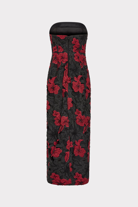 Black Red Floral Lace Strapless Maxi Dress - Back Flat View with Zip | MILLY