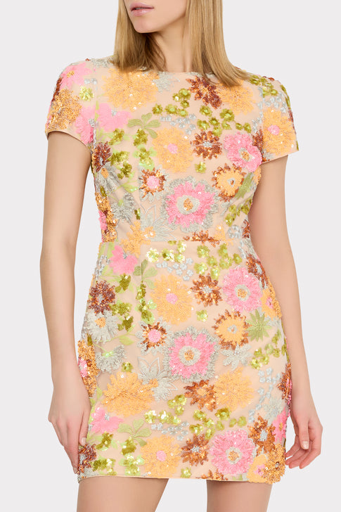 Rowen Floral Blossom Sequins Dress Orange Multi Image 3 of 4