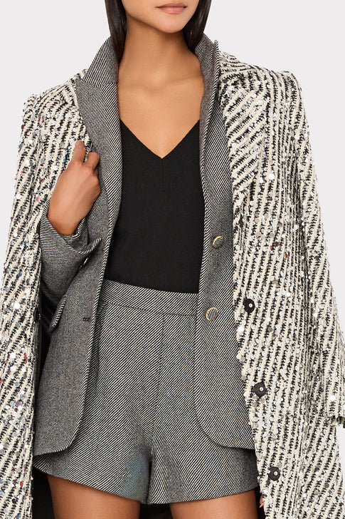 Wanda Sequins Wool Stripe Coat Ecru/Black Image 7 of 8