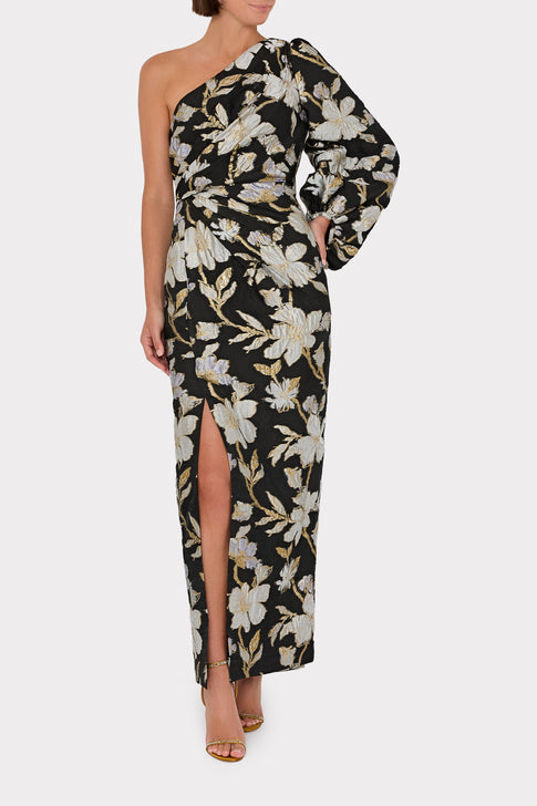 Cher Floral Jacquard One Shoulder Dress Black/Gold Image 2 of 5