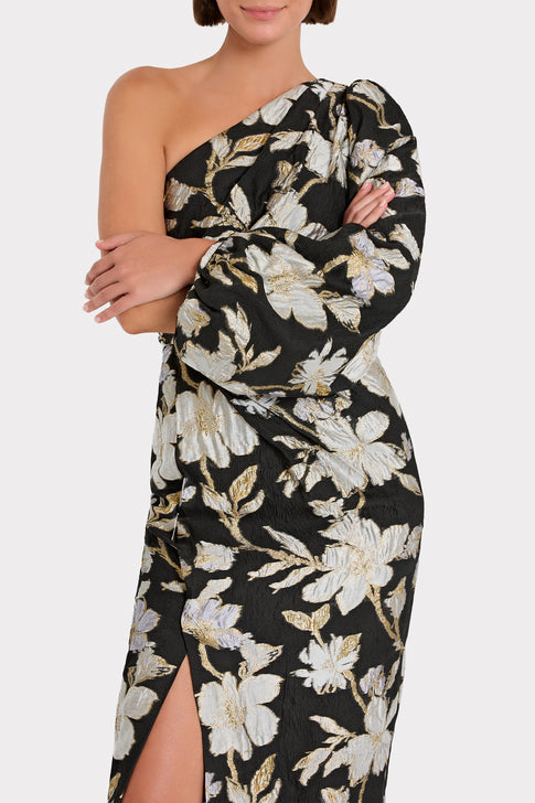 Cher Floral Jacquard One Shoulder Dress Black/Gold Image 3 of 5