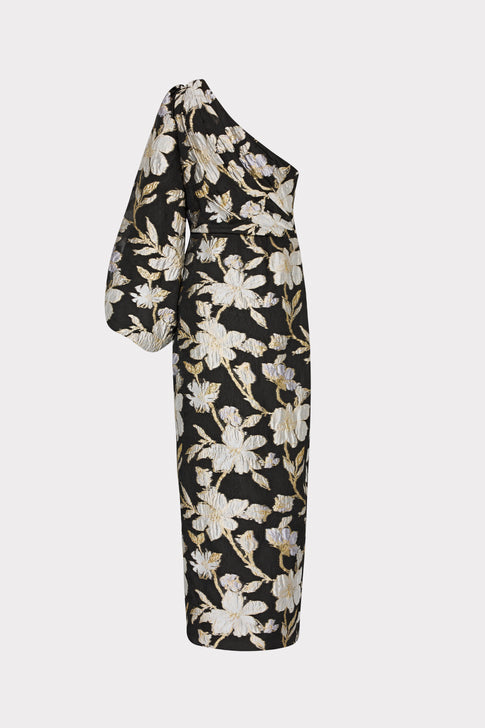 Cher Floral Jacquard One Shoulder Dress Black/Gold Image 5 of 5