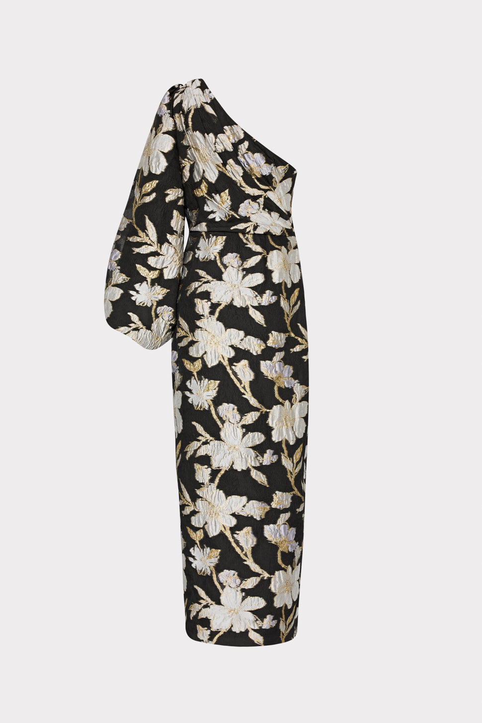 Cher Floral Jacquard One Shoulder Dress in Black/Gold | MILLY
