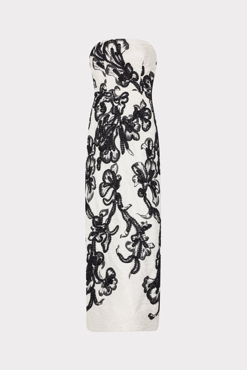 White/Black Chiffon Embroidered Maxi Dress - Flat Front View | MILLY