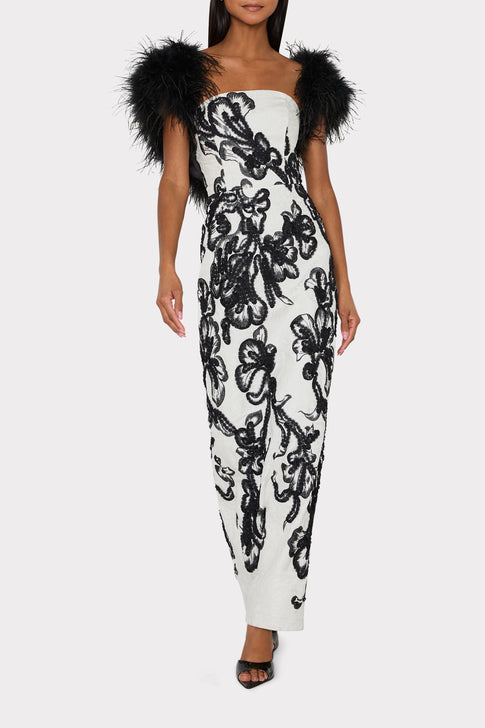 White/Black Embroidered Maxi Dress with Black Feather Trim - Elegant Styled Look | MILLY