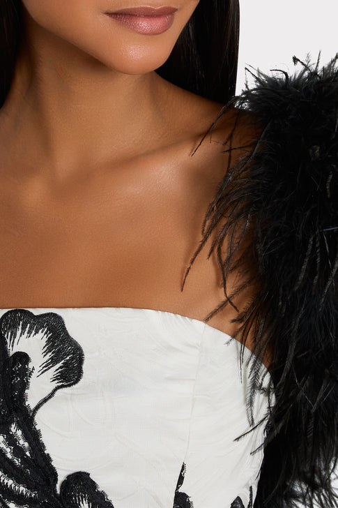 White/Black Embroidered Maxi Dress - Black Feather Trim Neckline Detail | MILLY