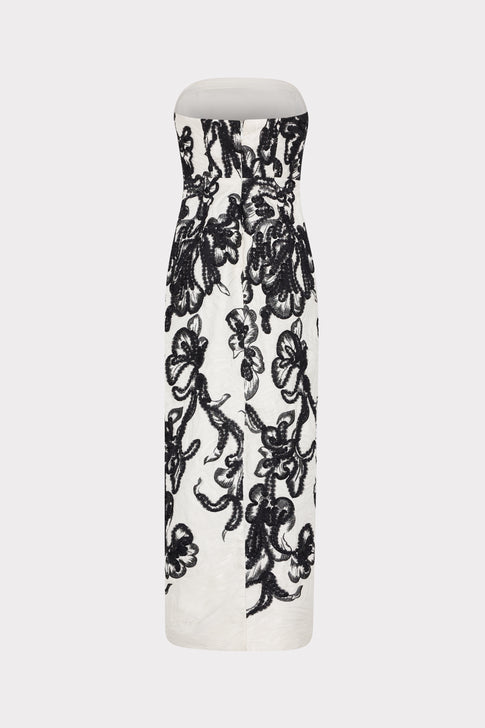 White/Black Orion Chiffon Embroidered Maxi Dress - Flat Back View | MILLY