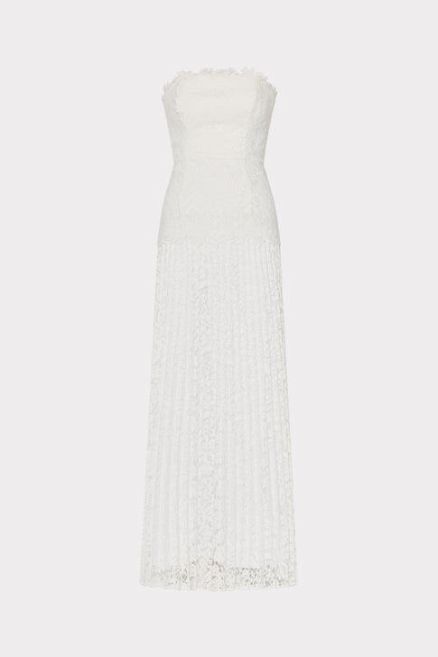 White strapless lace maxi dress with pleated details - Front View | MILLY