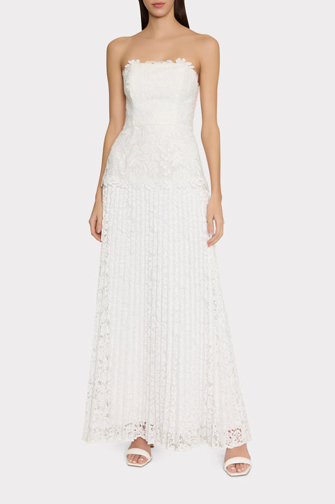 Norelle Strapless Mixed Laces Pleated Maxi Dress