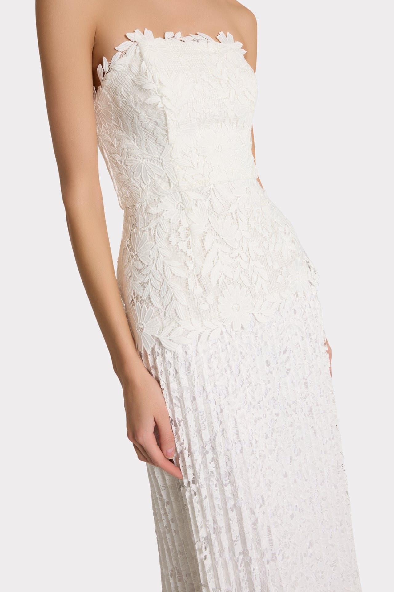 Norelle Strapless Mixed Laces Pleated Combo Dress in White