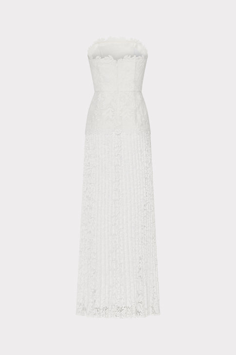 Norelle Strapless Mixed Laces Pleated Combo Dress in White