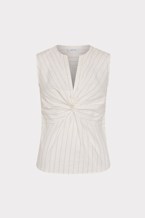 White Pinstripe Linen Sleeveless Top with Twist Detail - Front View | MILLY
