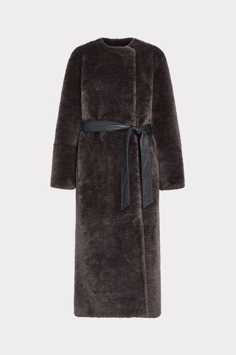 Charcoal Faux Shearling Belted Maxi Coat - Front Flat View, Leather Tie Belt | MILLY