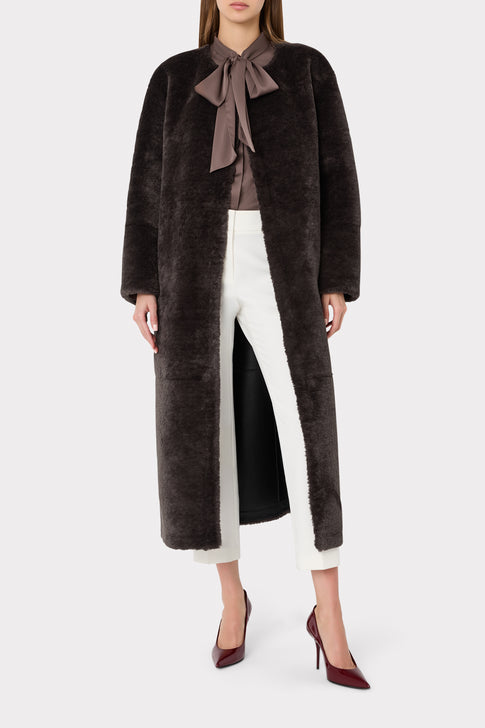 Charcoal Luxury Faux Shearling Coat On Model, Open Front, Full Length - Women's Designer Coat | MILLY