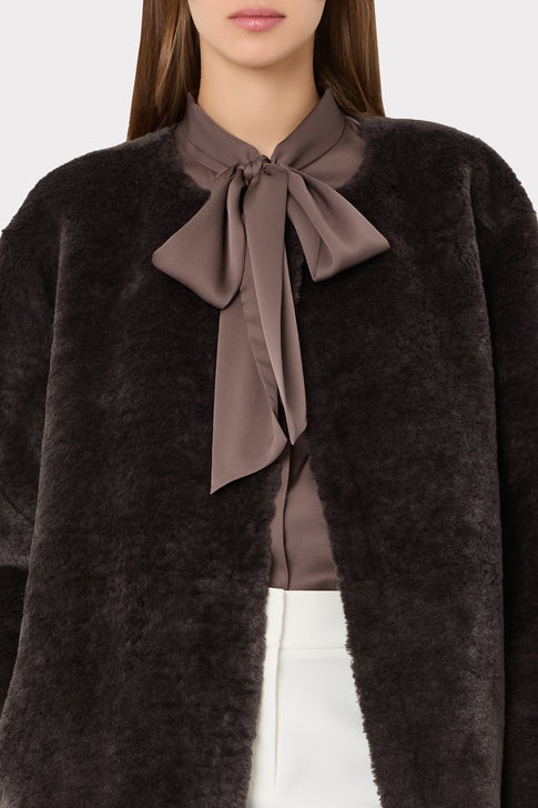 Charcoal Designer Faux Shearling Coat - Open Front Neckline Detail, On Model Close-Up | MILLY
