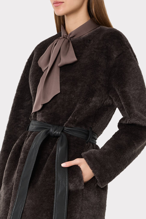 Charcoal Faux Shearling Coat - Leather Belt Knot & Plush Texture Close-Up, On Model | MILLY