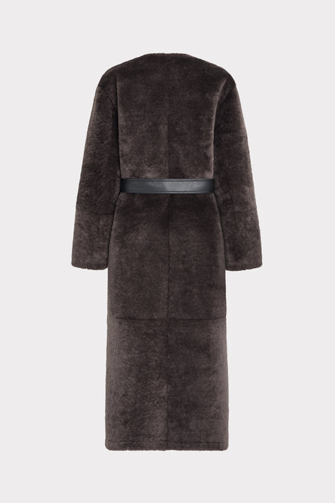 Charcoal Faux Shearling Belted Coat - Back View, Midi Length, Leather Belt Detail | MILLY