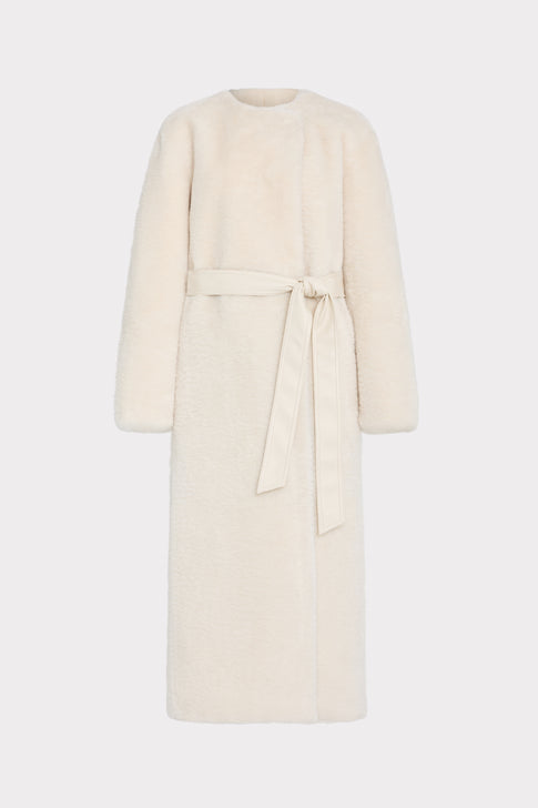 Ivory Faux Shearling Belted Coat - Front Flat View | MILLY