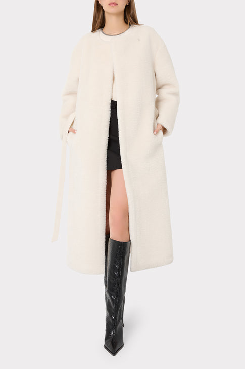 Ivory Luxury Faux Shearling Long Coat - On Model Front Open View | MILLY