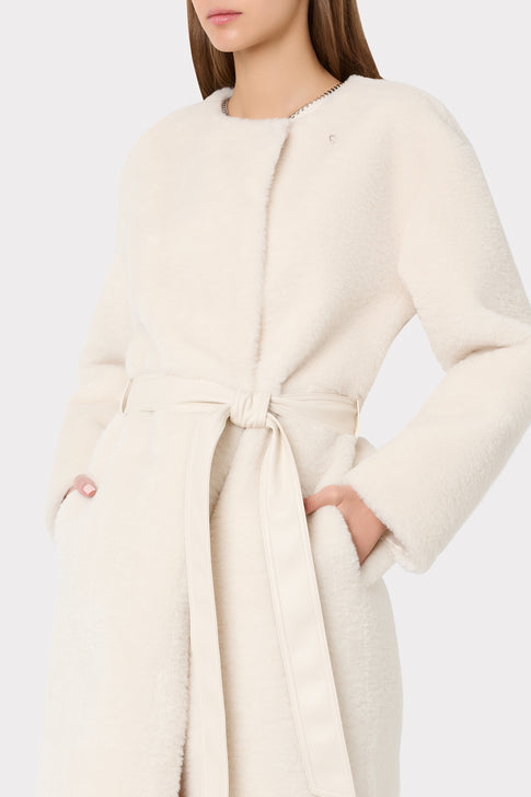 Ivory Designer Faux Shearling Coat - On Model Upper Body Close-Up | MILLY
