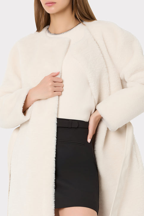 Ivory Elegant Faux Shearling Coat - Open Front Styled Detail | MILLY