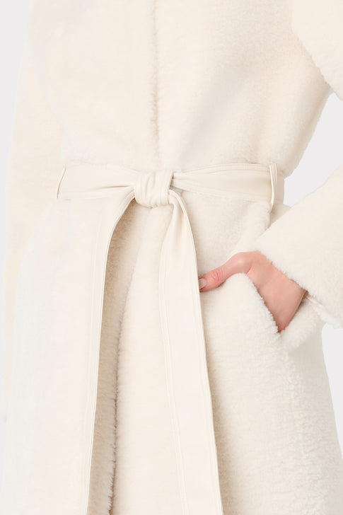 Ivory Faux Shearling Belted Coat - Waist Tie and Pocket Detail | MILLY