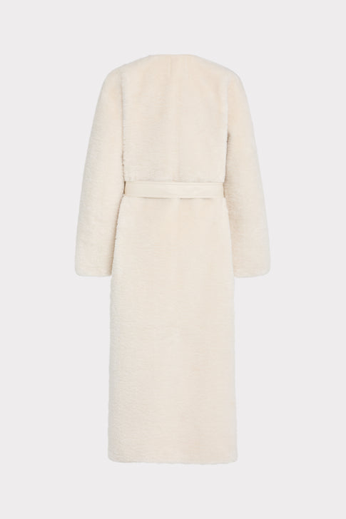 Ivory Faux Shearling Belted Long Coat - Back Flat View | MILLY