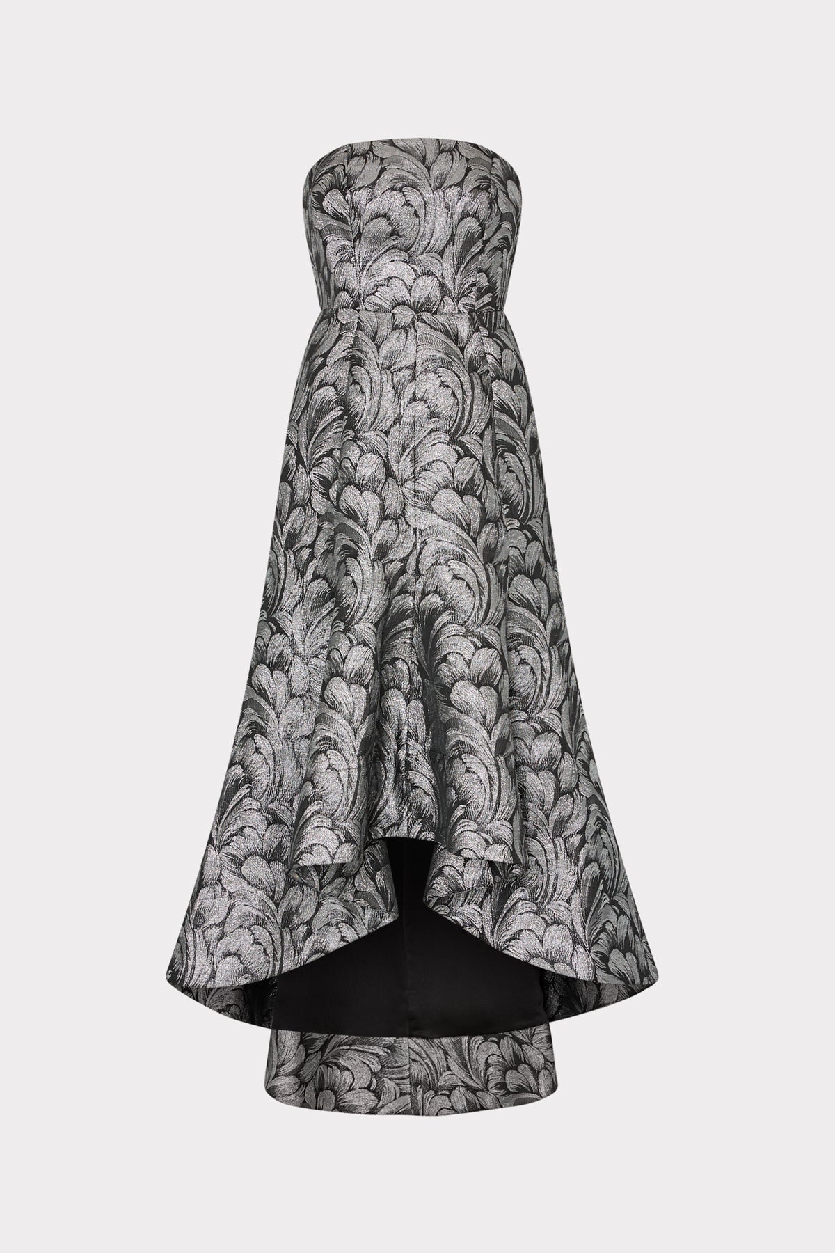 Silver Feather Jacquard Strapless High-Low Gown - Front View | MILLY