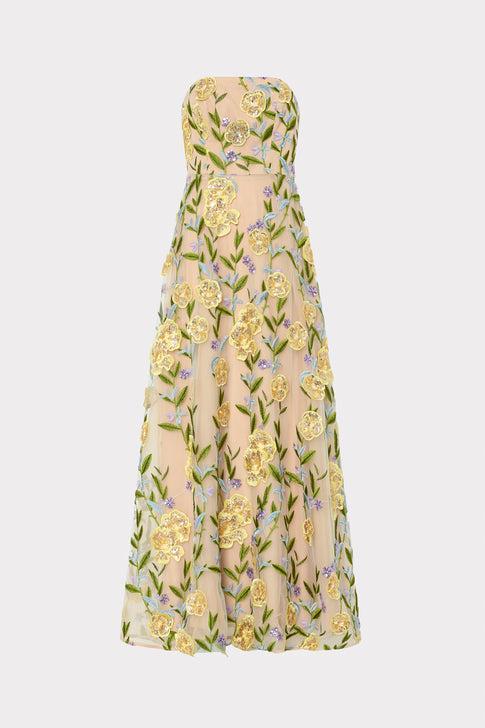 Nude Multi Embroidered Floral Strapless Maxi Dress - Front View | MILLY