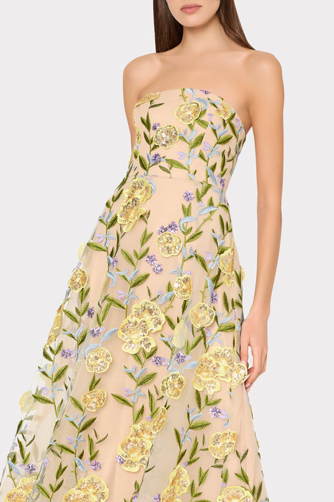 Isa Strapless Floral Embroidered Gown - On Model Front View | MILLY
