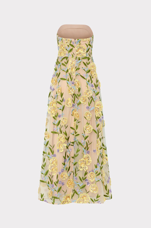 Nude Sequin Floral Strapless Maxi Dress - Full Length View | MILLY