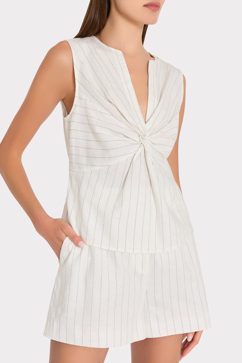 White Pinstripe Top with Knot Detail - On Model Side View | MILLY