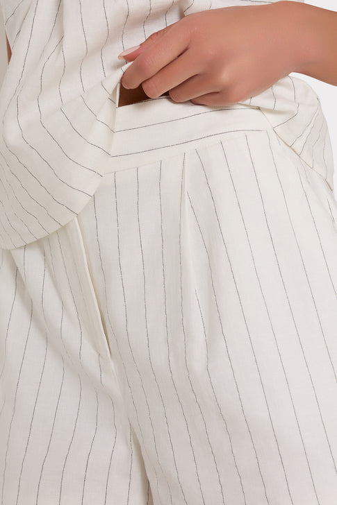 White Linen Pinstripe Shorts Waistband Detail - Close-up | MILLY