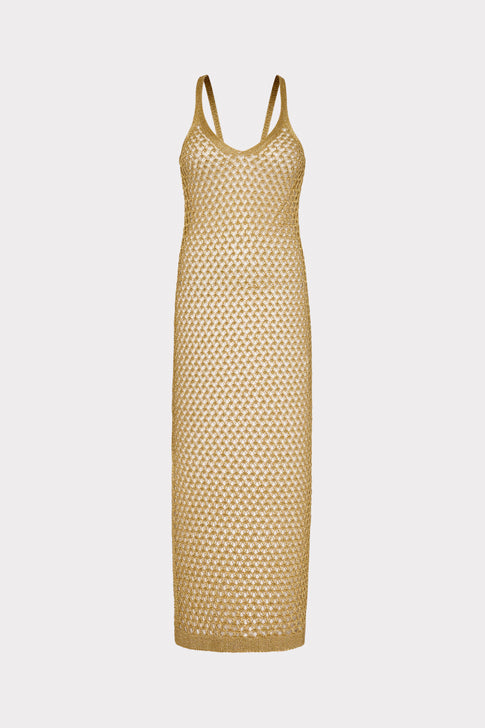 Metallic Mesh V Neck Midi Cover-Up Dress Gold Image 1 of 4