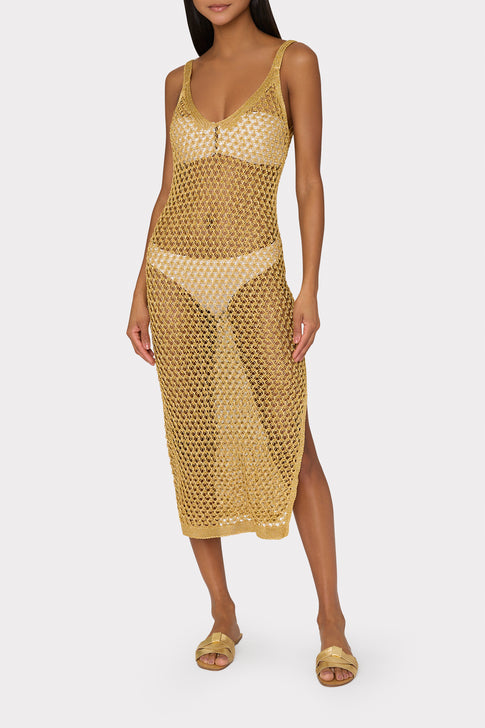 Metallic Mesh V Neck Midi Cover-Up Dress Gold Image 3 of 4